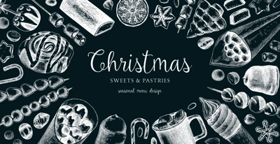 Christmas food background. Christmas market design template. Hand-drawn vector illustration. Hot drinks, candies, cookies, pastries sketches. Winter holiday menu. Sweet food frame on chalkboard
